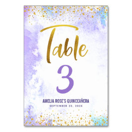Numeração De Mesa Quinto Caiañera Purple Watercolor Dourado Script