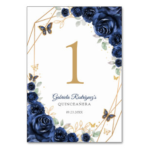 Numeração De Mesa Quinze Anos Floral Dourado Azul-Marinho