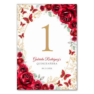 Numeração De Mesa Quinze Anos Floral Dourado Vermelho