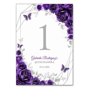 Numeração De Mesa Quinze Anos Floral Prata Roxo