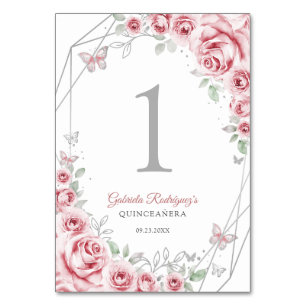 Numeração De Mesa Quinze anos Floral Rosa Prata