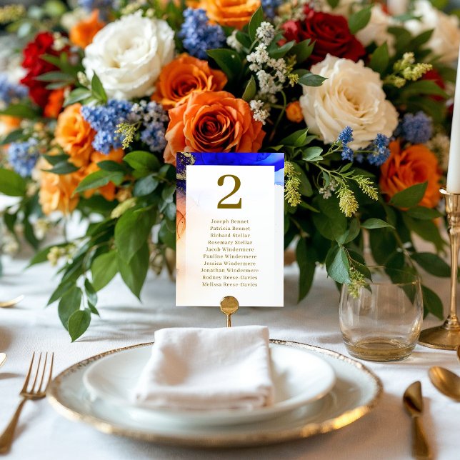 Numeração De Mesa Recepção de casamento Azul e Dourada do Sapphire V (Vibrant Sapphire Blue & Gold Wedding Reception Table Number.)