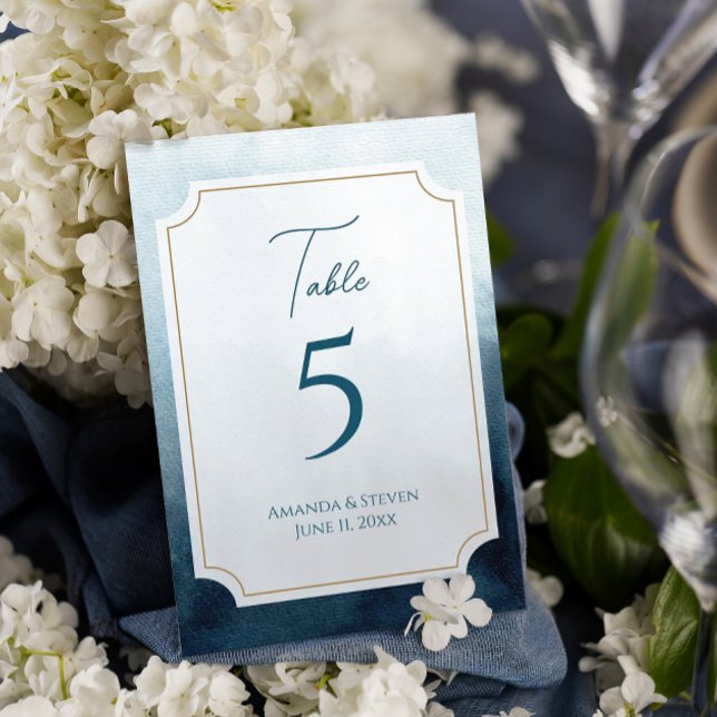Numeração De Mesa Recepção de casamento Azul Elegante (Blue wedding reception table number sign)