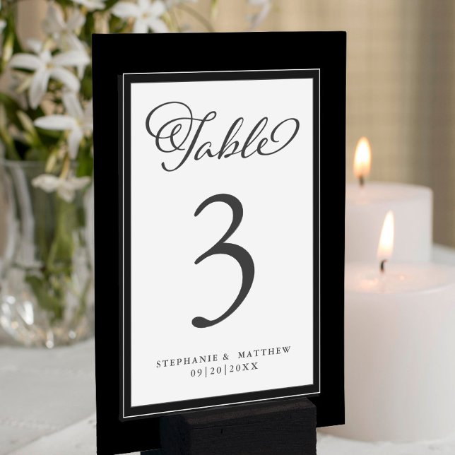 Numeração De Mesa Recepção de casamento branca e preto elegante (Elegant Black & White Wedding Reception Table Number)