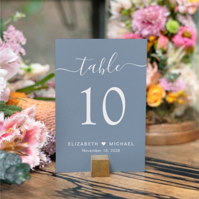Numeração De Mesa Recepção de Casamento Chic Script Azul Empoeirado (Criador carregado)