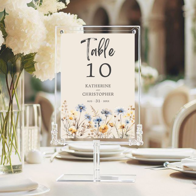 Numeração De Mesa Recepção de casamento de flor selvagem azul empoei (BOHO Watercolor Wildflower Wedding Table Number with wedding details, blue, yellow, purple flowers.
)