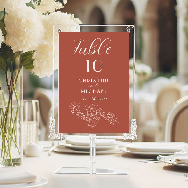 Numeração De Mesa Recepção de Casamento Elegante Floral Terracotta (Terracotta Floral Elegant Wedding Reception Table Number with Delicate Ivory Magnolia Flower.)
