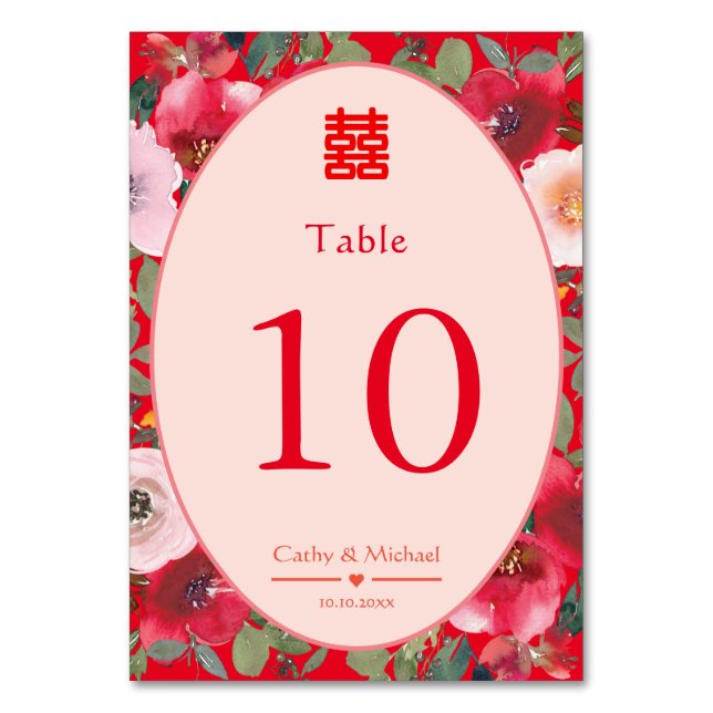 Numeração De Mesa Recepção de casamento vermelha floral chinesa (Frente)