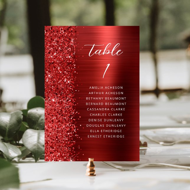 Numeração De Mesa Red Glam Glitter Metallic Script Wedding (Criador carregado)