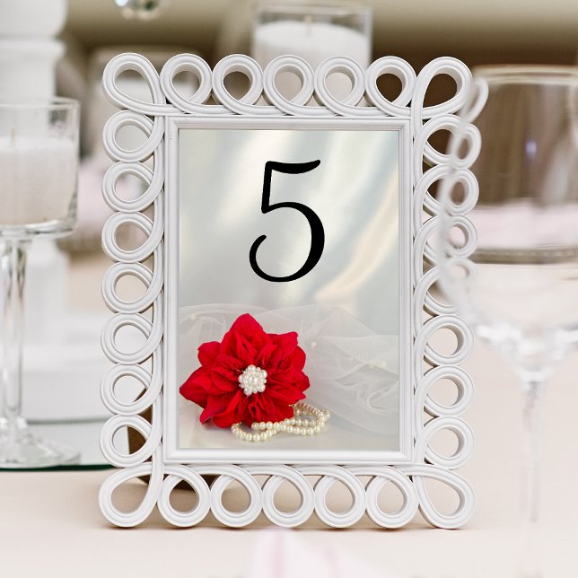 Numeração De Mesa Red Poinsettia Pérolas Números de Tabela de Casame (Set a festive table for your December event with the Poinsettia and Pearls Winter Table Numbers.)