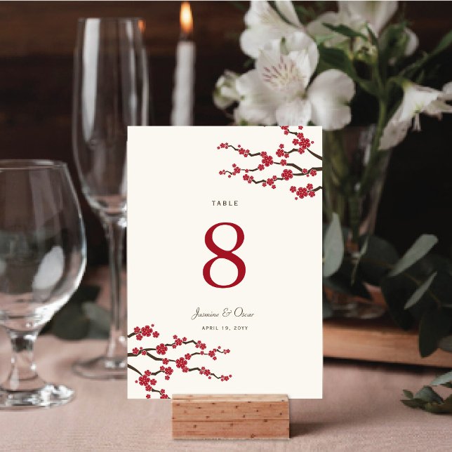 Numeração De Mesa Red Sakura Cherry Blossoms Casamento Elegante Asiá (Red/Ivory Sakura Cherry Blossoms Elegant Asian Wedding Table Number Card @ fat_fa_tin)