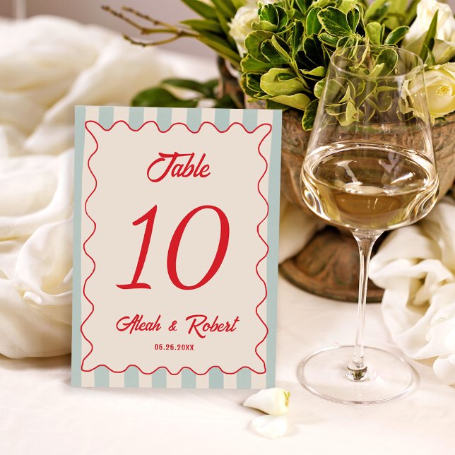 Numeração De Mesa Red Script Blue Line Retro Wedding Table Number (Criador carregado)