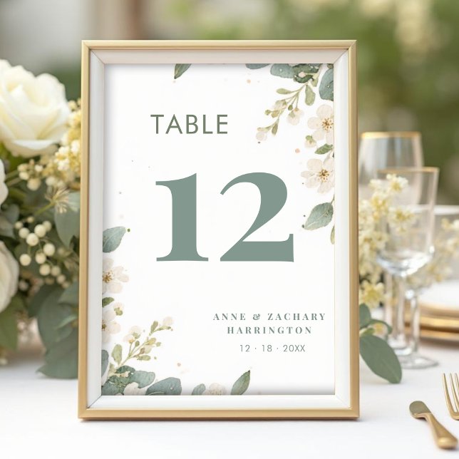 Numeração De Mesa Romantic Floral & Eucalyptus Branches Wedding (Romantic Floral and Eucalyptus Branches Wedding Table Number Cards with Elegant Greenery Frame.)