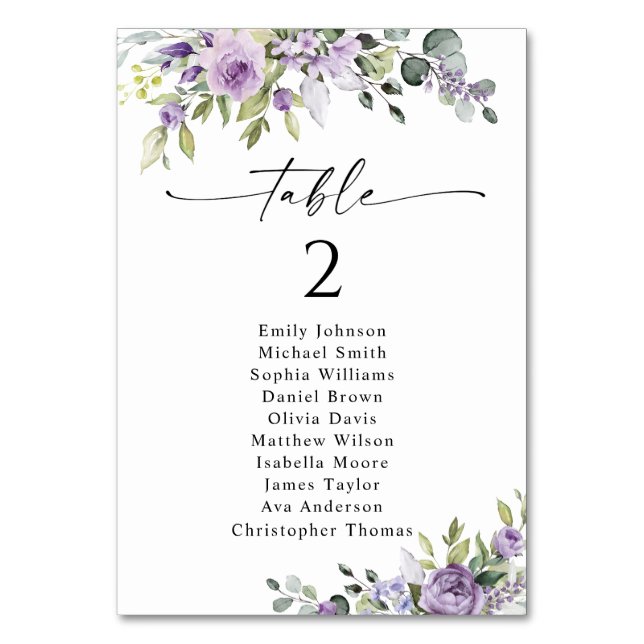 Numeração De Mesa Romantic Violet Flower Table Seating Chart Cards (Frente)