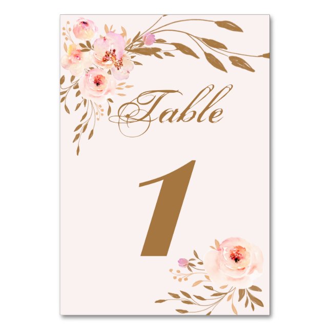 Numeração De Mesa Romântica Elegante Blush Dourado Floral (Frente)