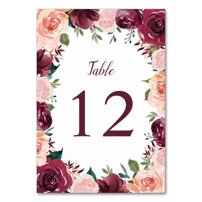 Numeração De Mesa Rosa Blush Burgundy Floral Fronteira Casamento (Frente)
