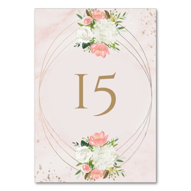 Numeração De Mesa Rosa Corado e Dourado Floral Aquarela (Frente)