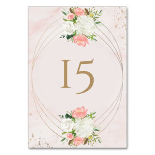 Numeração De Mesa Rosa Desmaiado e Floral Aquarela Dourada