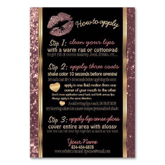 Numeração De Mesa Rosa Dourado Lip Glitter Como aplicar instruções (Frente)