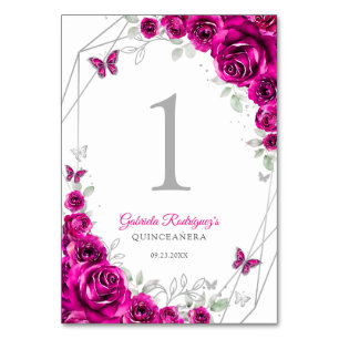 Numeração De Mesa Rosa Fúcsia Prata Floral Quinceanera