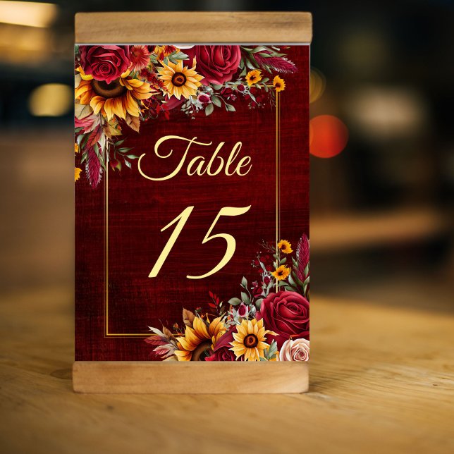 Numeração De Mesa rosas de aranha-casamento outono (Sunflower wedding decorations Fall sunflower wedding  table number card burgundy roses and sunflower)