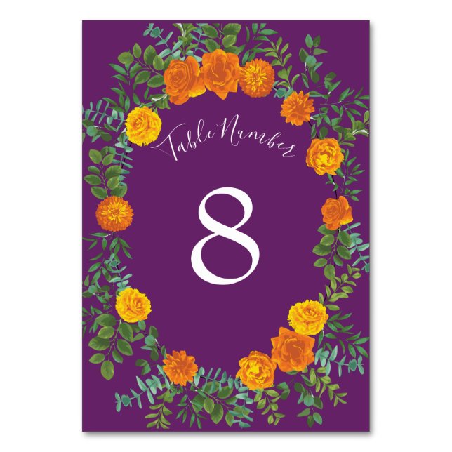 Numeração De Mesa Rosas de Casamento Púrpura Laranja Floral (Verso)