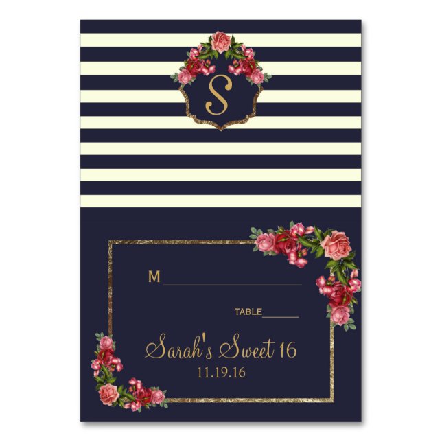 Numeração De Mesa Rosas Marinhos e placas de lugar Douradas (Frente)