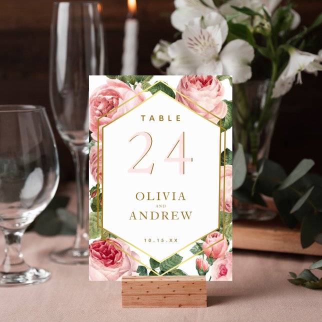 Numeração De Mesa Rosas Rosa Floral com Casamento Dourado com Frame  (Elegant watercolor pink rose design on this table number card is perfect for your wedding reception.)