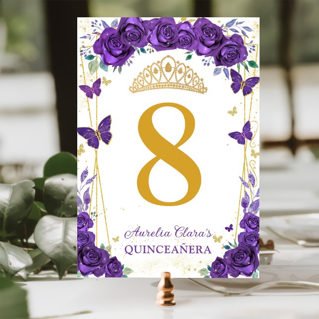 Numeração De Mesa Rosas Roxos Borboletas Florais Douradas Quinceañer (Criador carregado)
