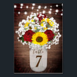 Numeração De Mesa Rosas Sunflower Mason Jar String Luzes Casamento<br><div class="desc">Esta design de casamento mostra um vaso de jarro de pedras cheio de rosas vermelhas, girassóis e hálito de bebê em um fundo de madeira rústica com luzes de cordas. Clique no botão personalizar para obter mais flexibilidade na modificação do texto. Variações deste design, diferentes tipos de papel, além de...</div>