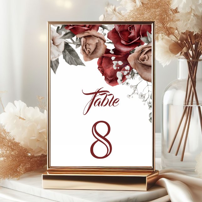 Numeração De Mesa Rosas Vermelhas Borgonha Casamento Floral (Criador carregado)