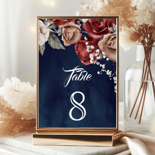 Numeração De Mesa Rosas Vermelhas Borgonha Floral Azul Marinho Casam