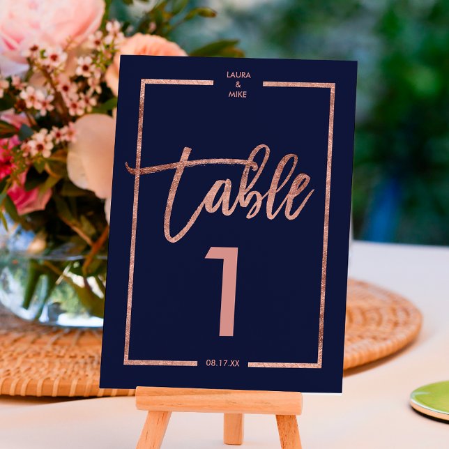 Numeração De Mesa Rose gold frame script navy blue table number (Criador carregado)