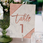 Numeração De Mesa Rose gold glitter script white marble table number<br><div class="desc">rose Gold typography on white marble  rose gold glitter color block,  and faux rose gold geometric stripes chic table number wedding ,  perfect for elegant,  beach wedding, </div>