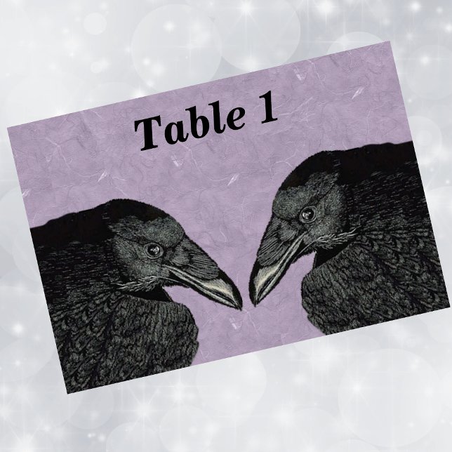 Numeração De Mesa Rosto Preto Negro Assustado (Heads of two black mysterious crows on marbled purple event table cards.)