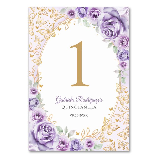 Numeração De Mesa Roxo Lilás Dourado Floral Quinceanera (Frente)