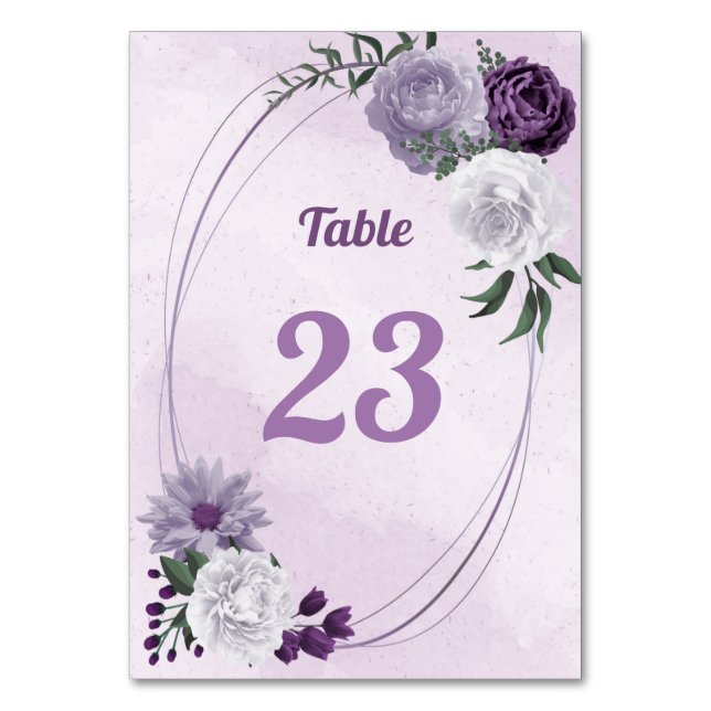 Numeração De Mesa Roxo romântico & flores brancas verdejantes  (Frente)