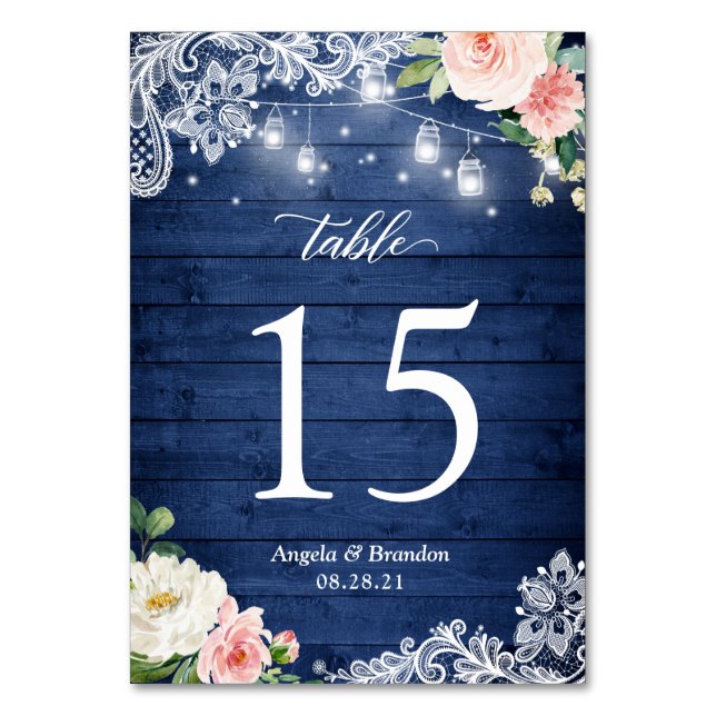 Numeração De Mesa Rustic Blue Mason Jar Lights Lace Casamento Floral (Verso)