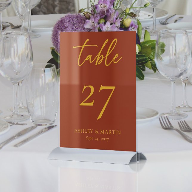 Numeração De Mesa Rustic Terracotta e Recepção de casamento de mosta (Rustic Terracotta and Mustard Personalized Wedding Reception Table Number)