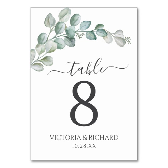 Numeração De Mesa Rustic Watercolor Eucalyptus Greenery Wedding (Frente)