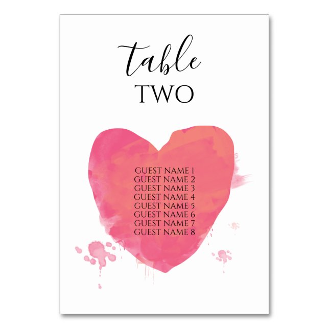Numeração De Mesa Rustic Watercolor Heart Wedding Name (Frente)