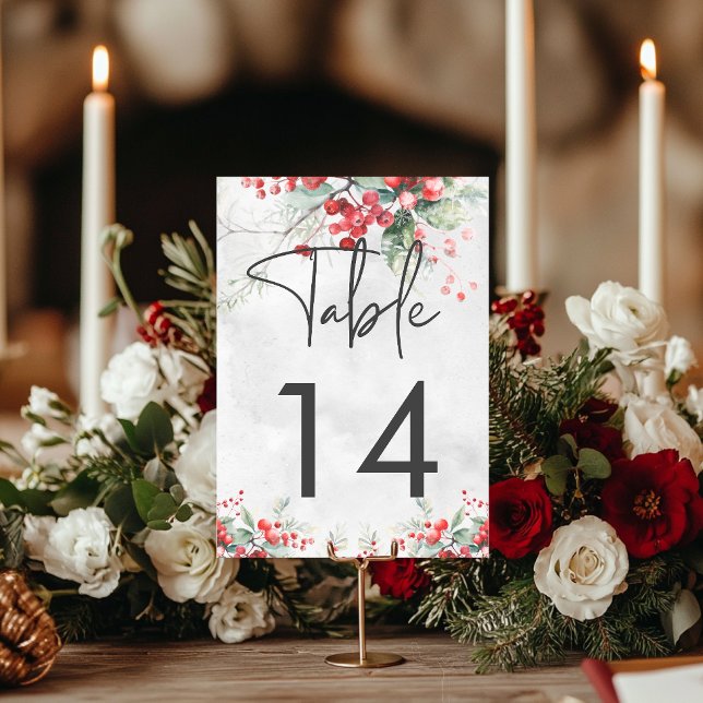 Numeração De Mesa Rustic Winter Holly & Pine Wedding (Rustic Winter Holly & Pine Wedding Table Number)