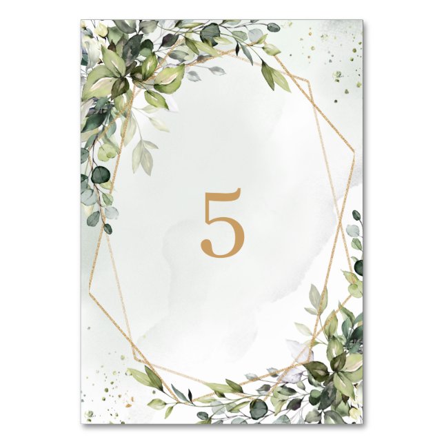 Numeração De Mesa Sage gold eucalyptus geometric wedding table sign (Frente)