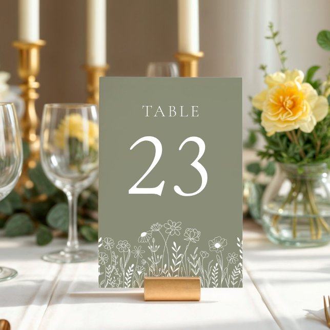 Numeração De Mesa Sage Green com Casamento de Flor Selvagem Branca (Sage Green White Wildflower Table Numbers)