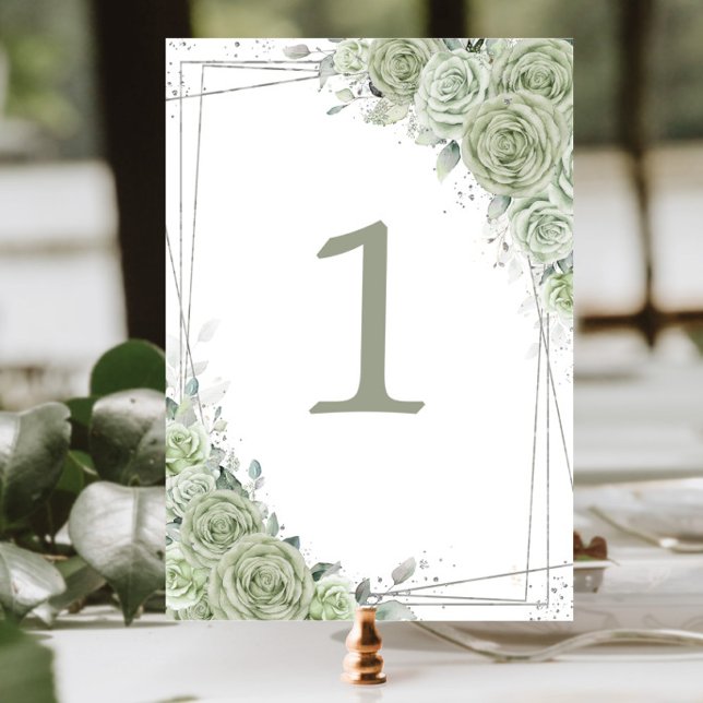 Numeração De Mesa Sage Green Floral Silver Birthday Quinceañera (Criador carregado)