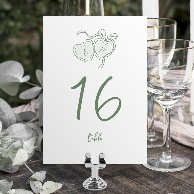 Numeração De Mesa Sage Hand Drawn Hearts Monogram Whimsical Wedding (Sage Hand Drawn Hearts Monogram Whimsical Wedding Table Number)