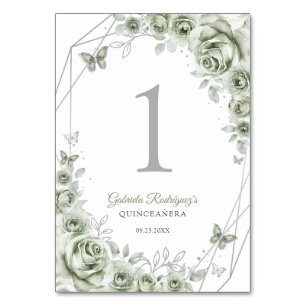 Numeração De Mesa Sage Verde Prata Floral Quinceanera