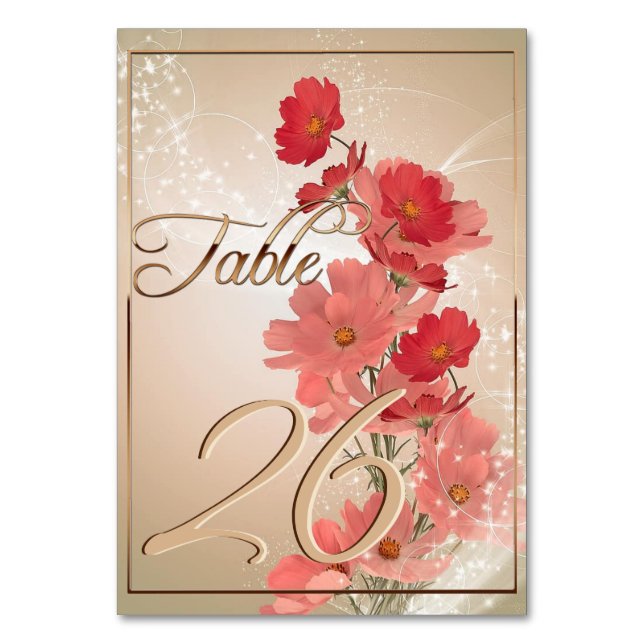 Numeração De Mesa Salmão e Flores Vermelhas/Trim Dourado (Frente)