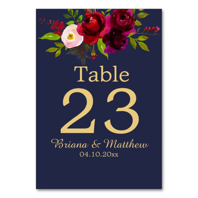 Numeração De Mesa Script Elegante Azul-Marinho Floral Burgundy (Frente)