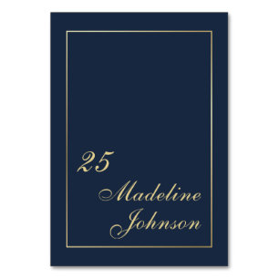 Numeração De Mesa Script Elegante de Borda Dourada Azul de Marinho E